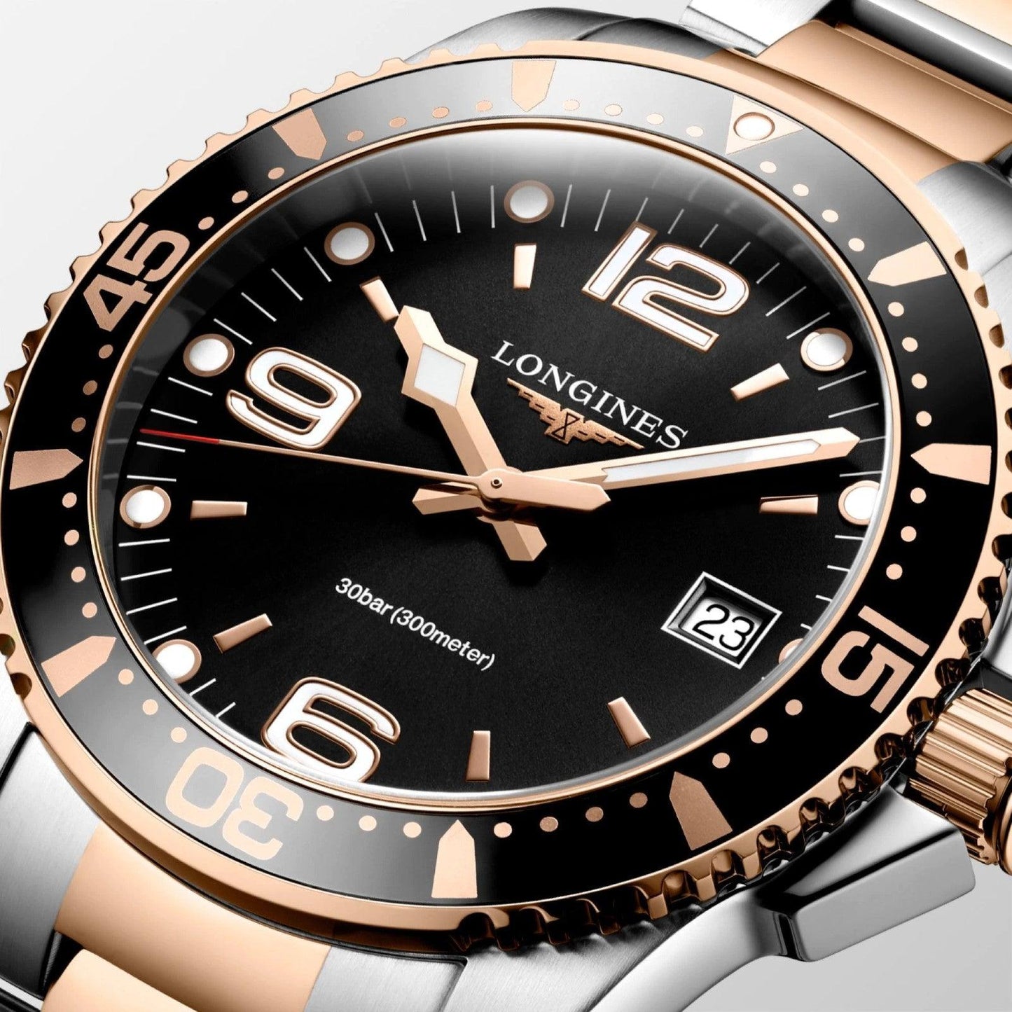 Longines HydroConquest 41mm black quartz rose gold PVD steel watch L3.740.3.58.7