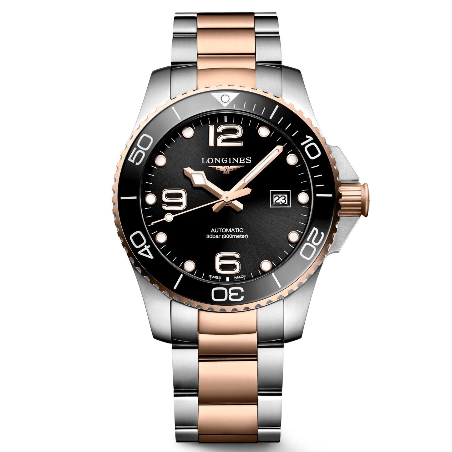 Longines HydroConquest watch 43mm black automatic steel rose gold PVD finishes L3.782.3.58.7