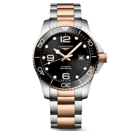 Longines HydroConquest watch 43mm black automatic steel rose gold PVD finishes L3.782.3.58.7
