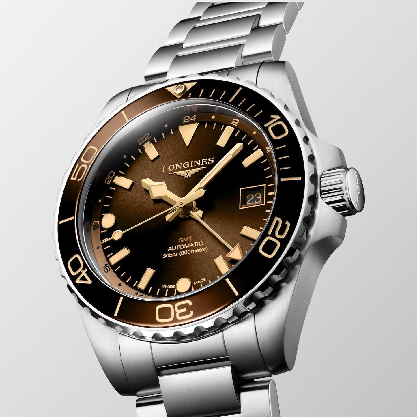 Longines Hydroconquest GMT 41mm brown automatic steel watch L3.790.4.66.6