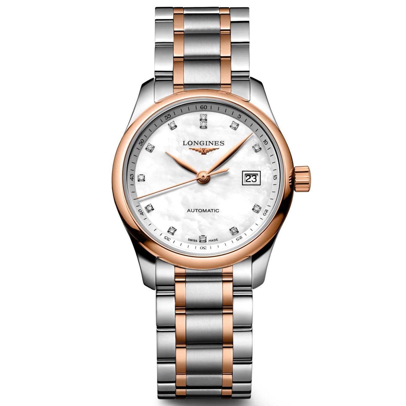 Longines Master Collection watch 29mm mother-of-pearl diamonds automatic steel rose gold L2.257.5.89.7