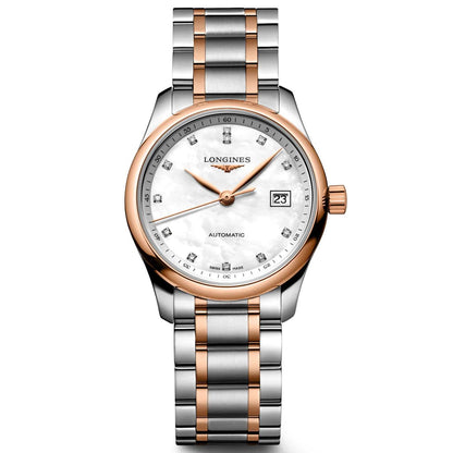 Longines Master Collection watch 29mm mother-of-pearl diamonds automatic steel rose gold L2.257.5.89.7
