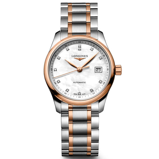 Longines Master Collection watch 29mm mother-of-pearl diamonds automatic steel rose gold L2.257.5.89.7