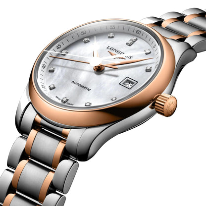 Longines Master Collection watch 29mm mother-of-pearl diamonds automatic steel rose gold L2.257.5.89.7