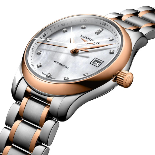 Longines Master Collection watch 29mm mother-of-pearl diamonds automatic steel rose gold L2.257.5.89.7