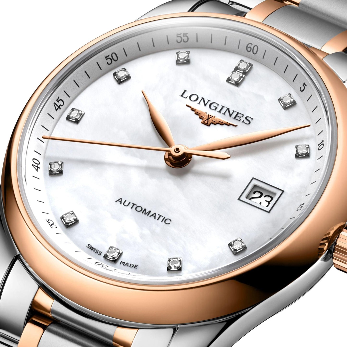 Longines Master Collection watch 29mm mother-of-pearl diamonds automatic steel rose gold L2.257.5.89.7