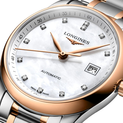Longines Master Collection watch 29mm mother-of-pearl diamonds automatic steel rose gold L2.257.5.89.7