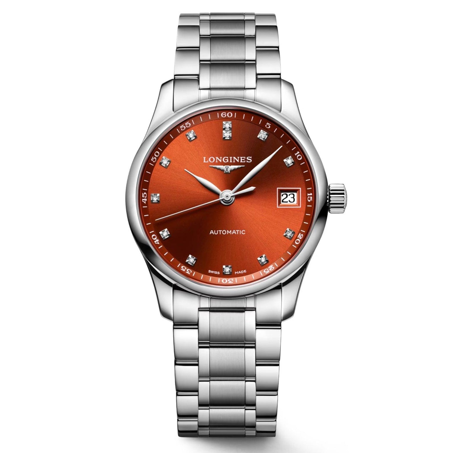 Longines Master Collection 34mm Orange Diamonds Automatic Steel Watch L2.357.4.08.6