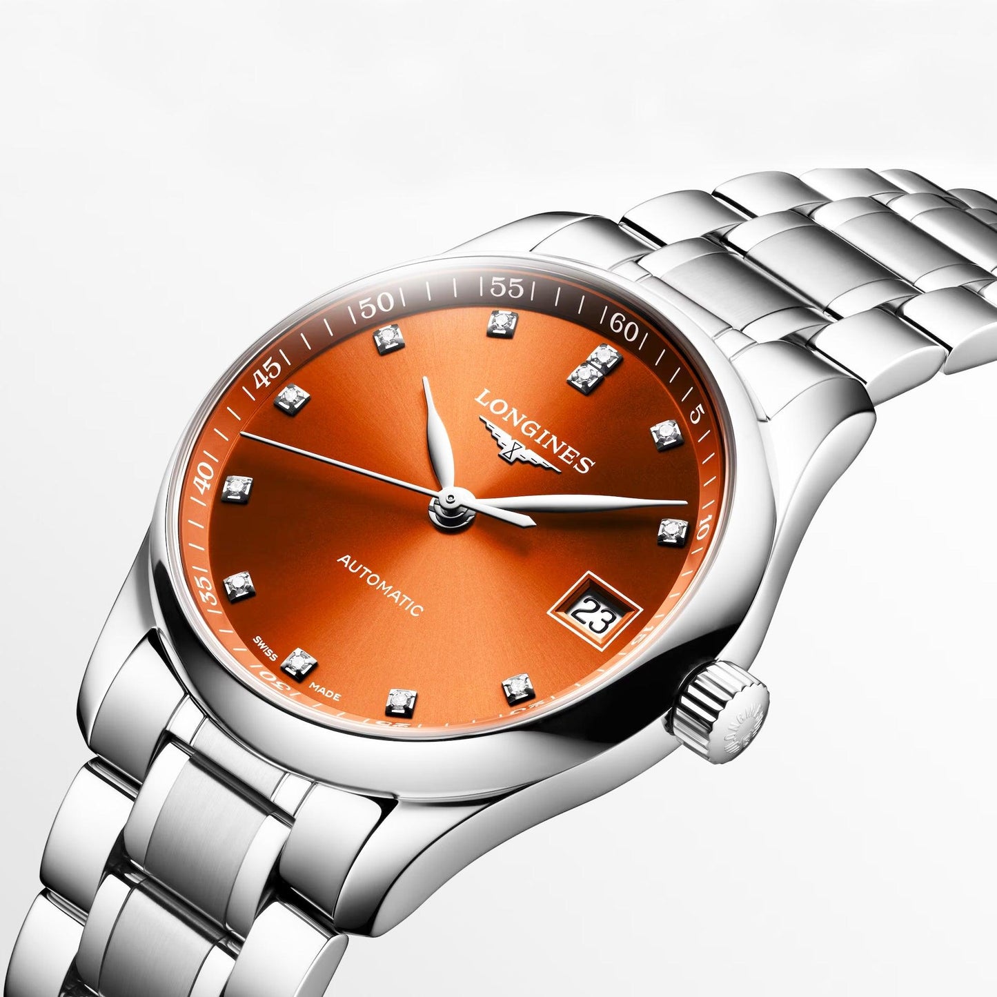 Longines Master Collection 34mm Orange Diamonds Automatic Steel Watch L2.357.4.08.6