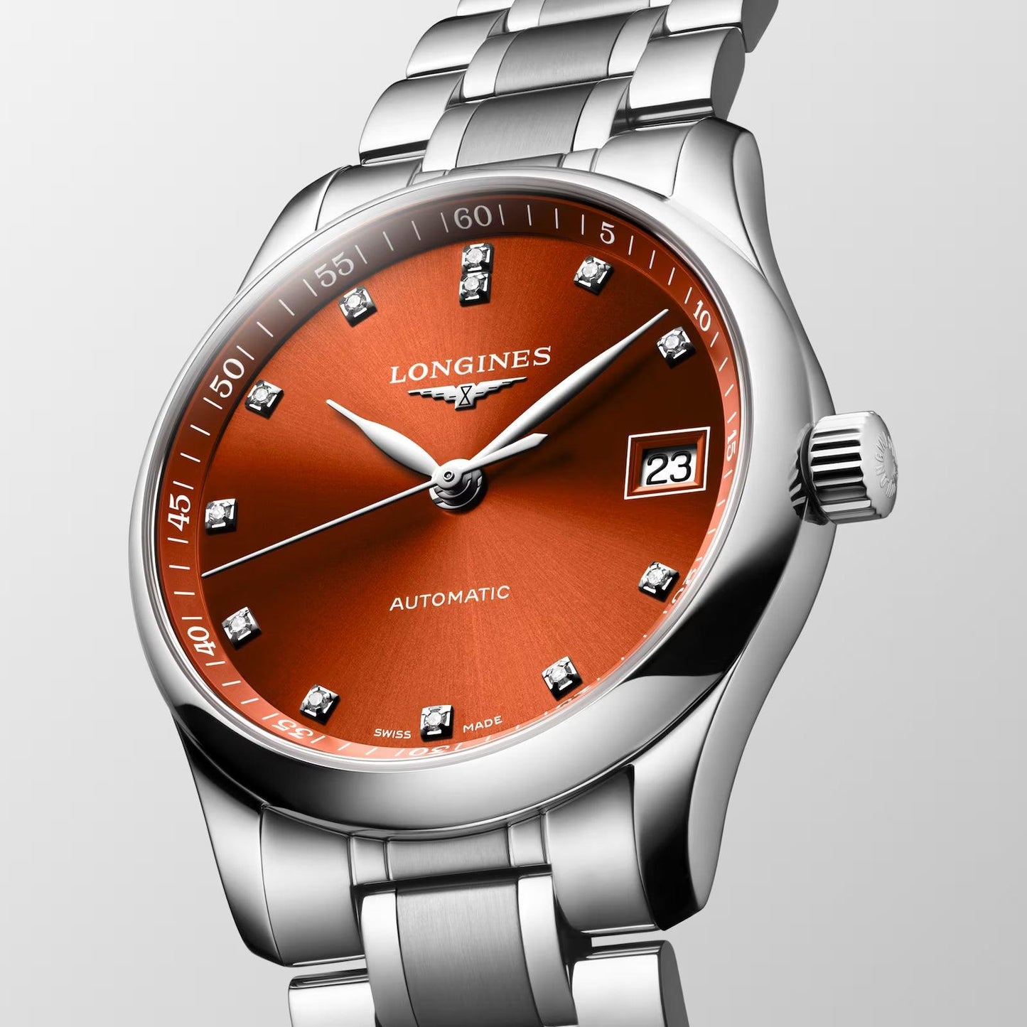 Longines Master Collection 34mm Orange Diamonds Automatic Steel Watch L2.357.4.08.6