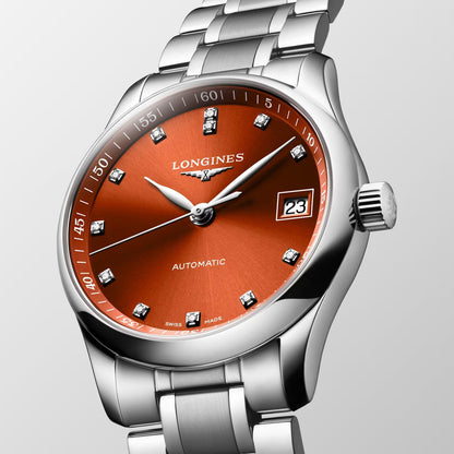 Longines Master Collection 34mm Orange Diamonds Automatic Steel Watch L2.357.4.08.6