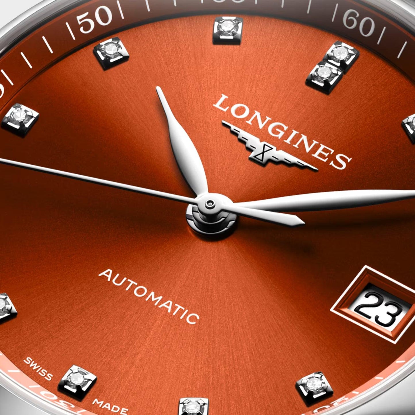 Longines Master Collection 34mm Orange Diamonds Automatic Steel Watch L2.357.4.08.6