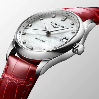 Longines Master Collection 34mm mother-of-pearl diamonds automatic steel watch L2.357.4.87.2