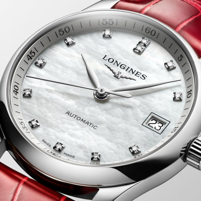 Longines Master Collection 34mm mother-of-pearl diamonds automatic steel watch L2.357.4.87.2