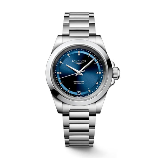Longines New Conquest 34mm blue automatic steel watch L3.430.4.97.6