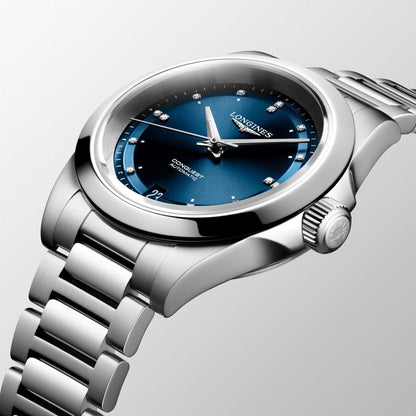 Longines New Conquest 34mm blue automatic steel watch L3.430.4.97.6