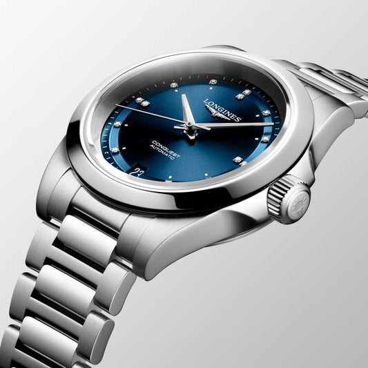Longines New Conquest 34mm blue automatic steel watch L3.430.4.97.6