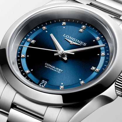 Longines New Conquest 34mm blue automatic steel watch L3.430.4.97.6