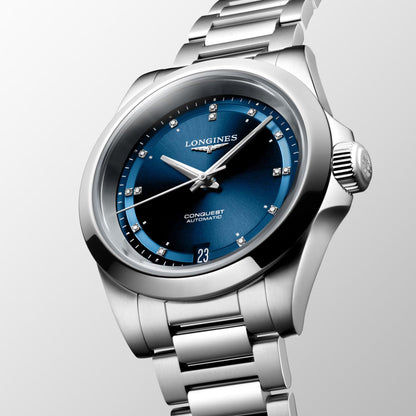 Longines New Conquest 34mm blue automatic steel watch L3.430.4.97.6
