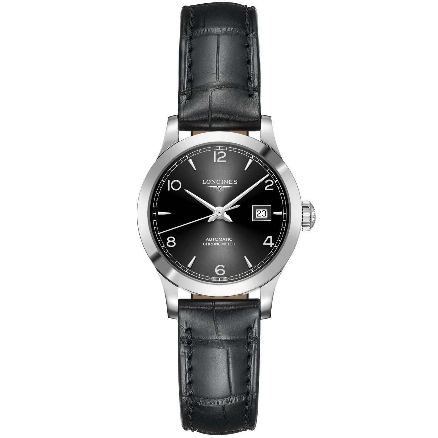 Longines Record collection 30mm black automatic COSC steel watch L2.321.4.56.2