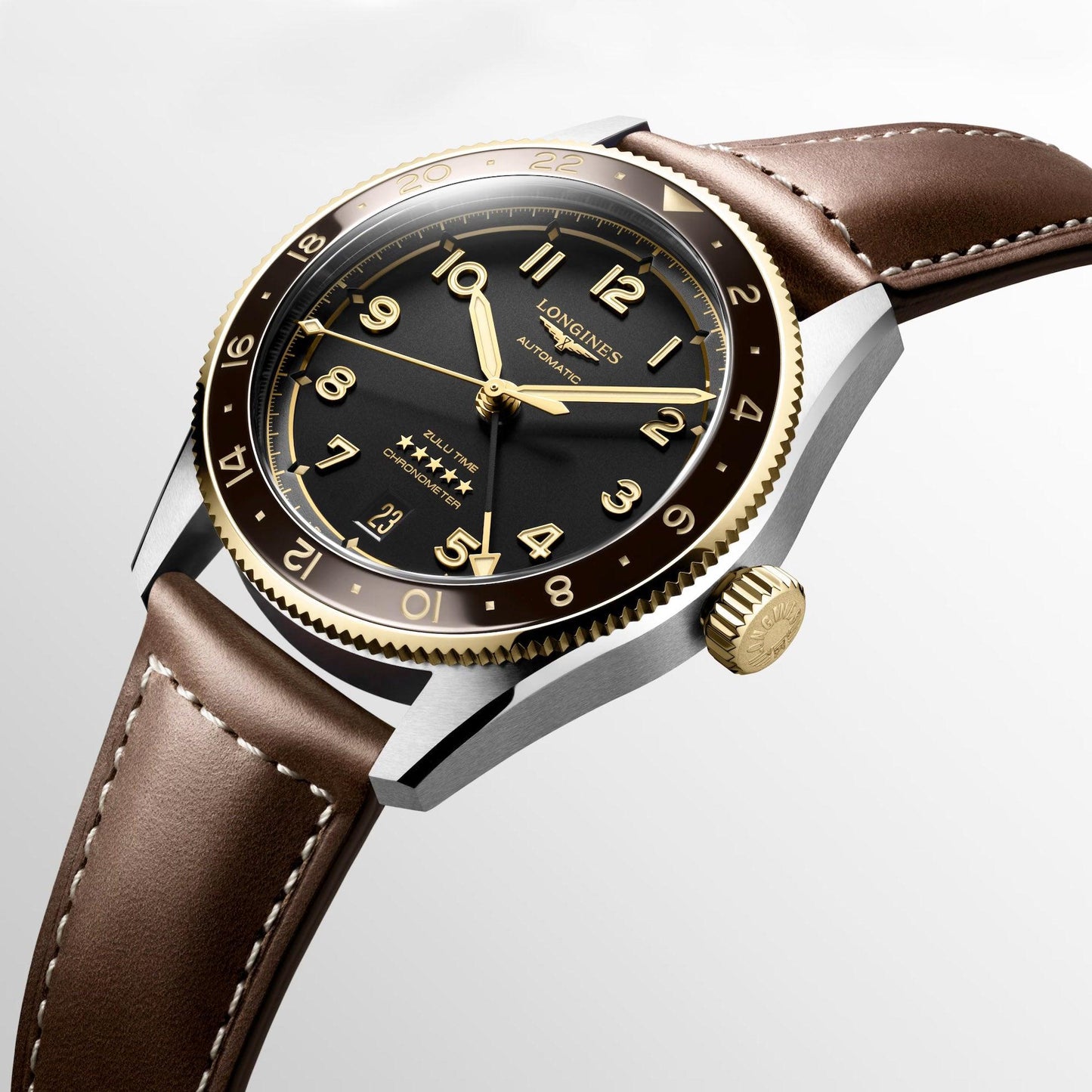 Longines Spirit Zulu Time 39mm Black Automatic Steel & 18kt Yellow Gold Watch L3.802.5.53.2