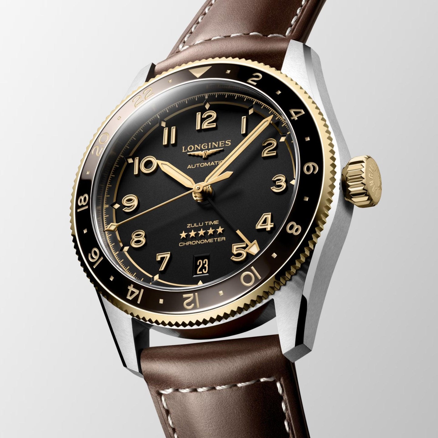 Longines Spirit Zulu Time 39mm Black Automatic Steel & 18kt Yellow Gold Watch L3.802.5.53.2