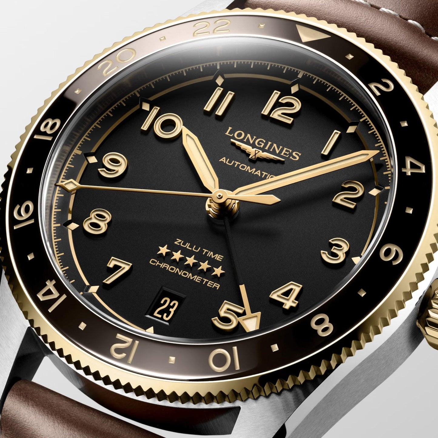 Longines Spirit Zulu Time 39mm Black Automatic Steel & 18kt Yellow Gold Watch L3.802.5.53.2