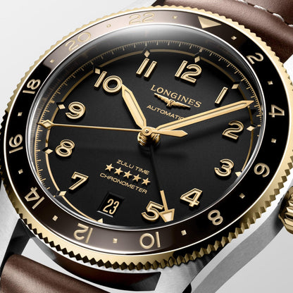 Longines Spirit Zulu Time 39mm Black Automatic Steel & 18kt Yellow Gold Watch L3.802.5.53.2