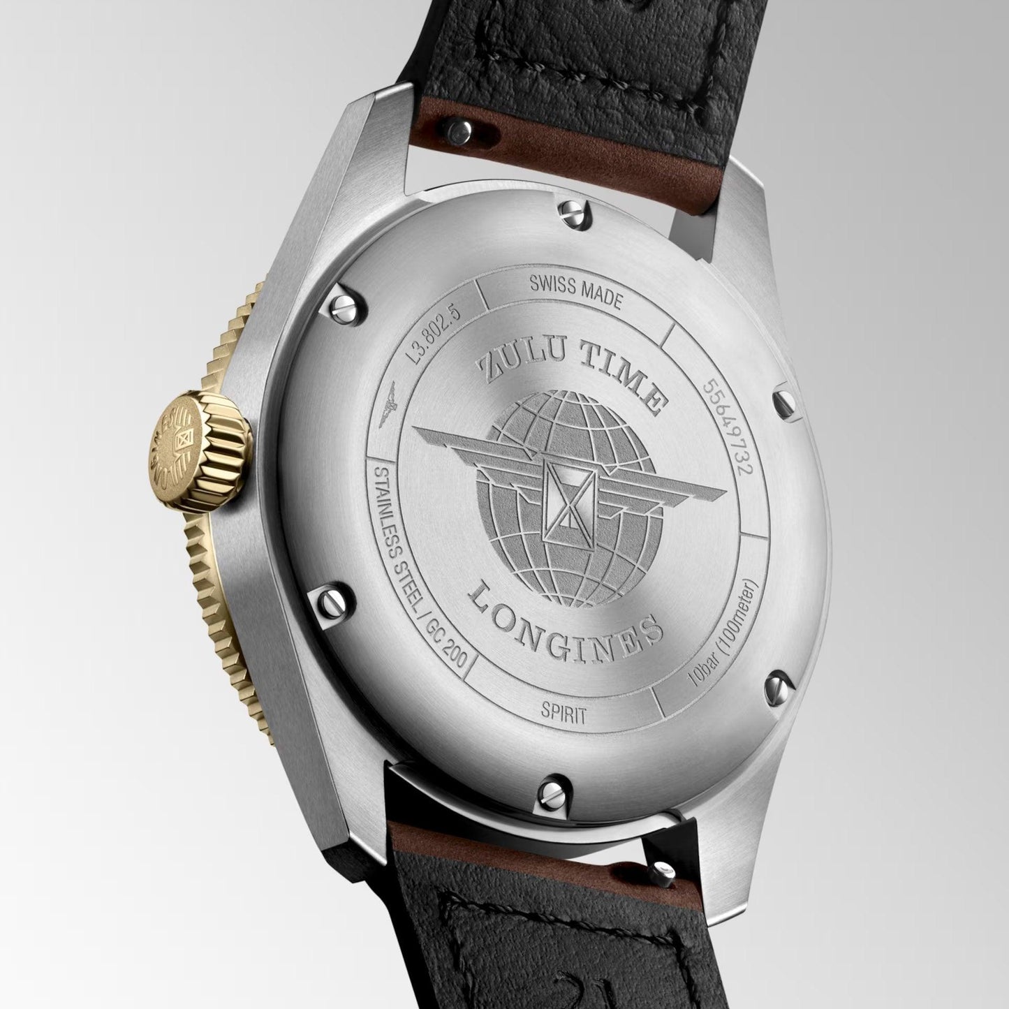 Longines Spirit Zulu Time 39mm Black Automatic Steel & 18kt Yellow Gold Watch L3.802.5.53.2