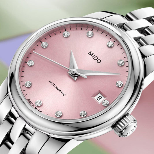 Mido Baroncelli Lady Twenty Five 25mm pink automatic steel watch M039.007.11.336.00