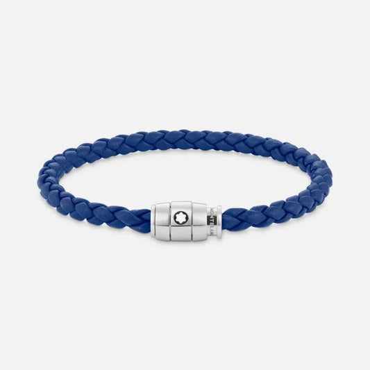Montblanc stainless steel bracelet with 3-ring clasp and blue leather size M 130899 63