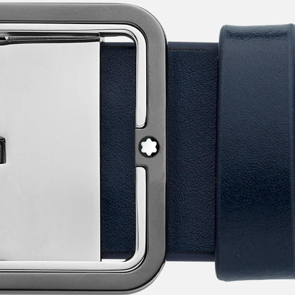 Montblanc 35mm reversible blue/grey leather rectangular buckle belt adjustable size 131193