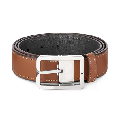 Montblanc 35mm Rectangular Buckle Reversible Brown/Grey Leather Belt Adjustable Size 131164