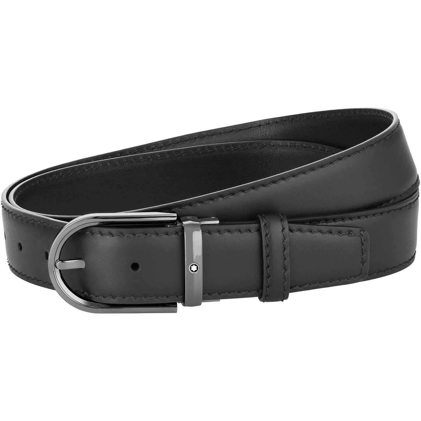 Montblanc Belt 35mm Horseshoe Buckle Ruthenium Finish Black Leather Adjustable Size 128770