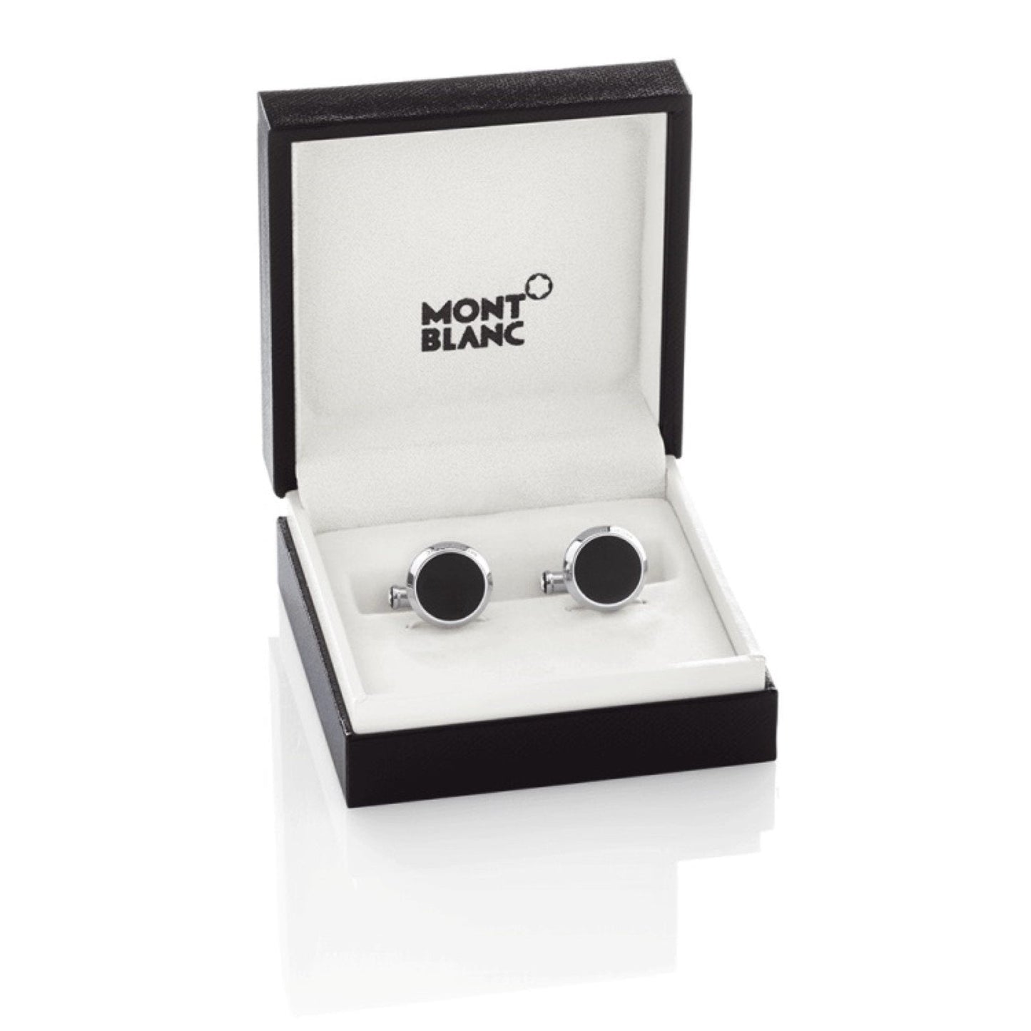 Montblanc round steel Meisterstück cufflinks with onyx insert 112896