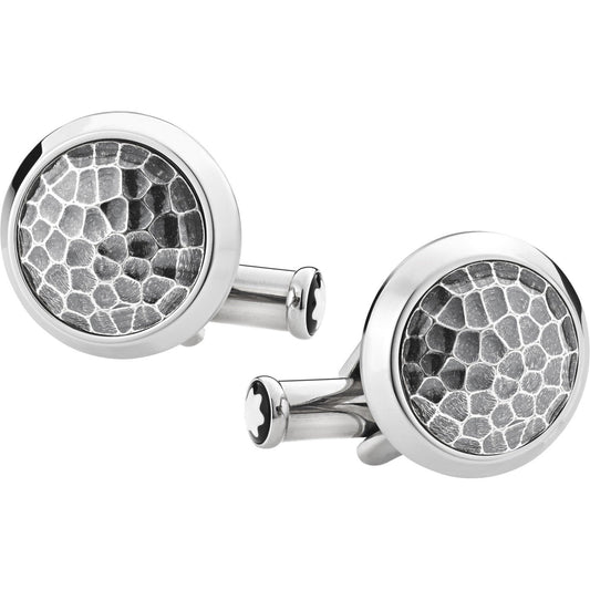Montblanc round cufflinks in fine steel with hammered insert 124207