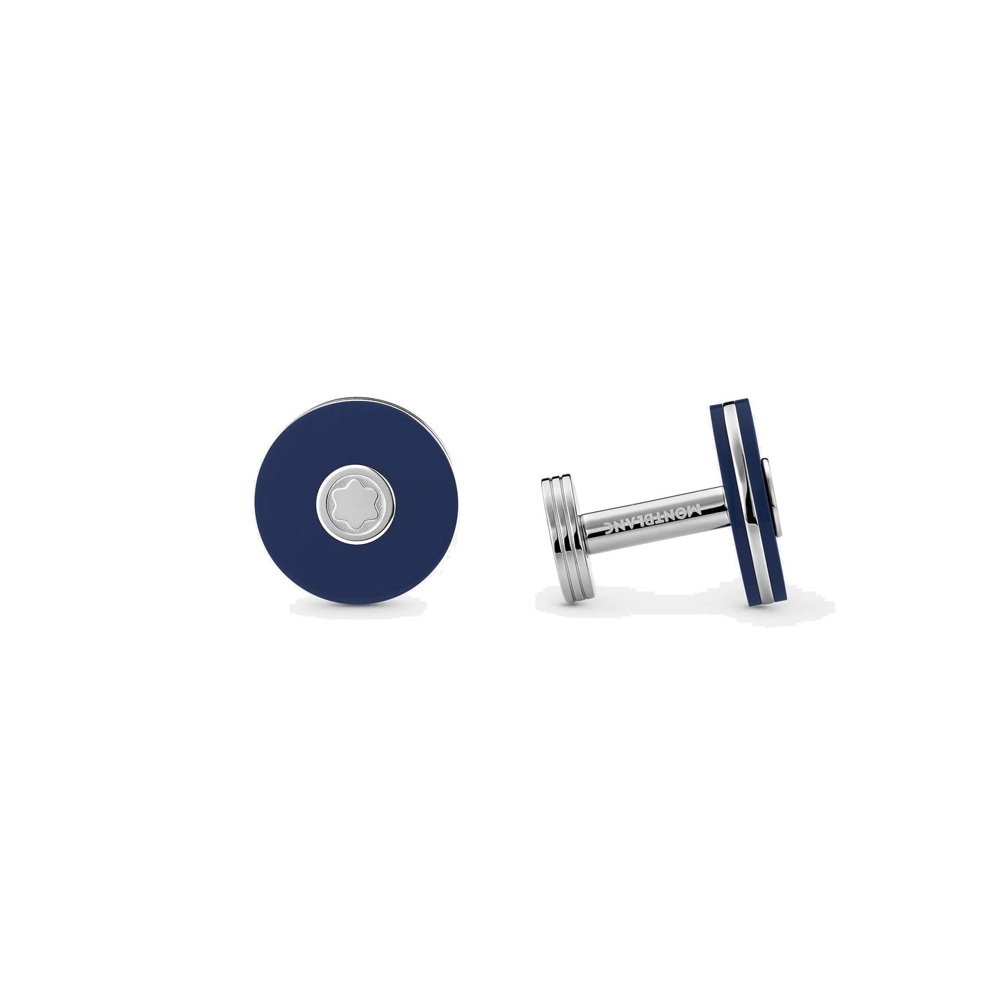 Montblanc round cufflinks in fine steel with blue resin 123812