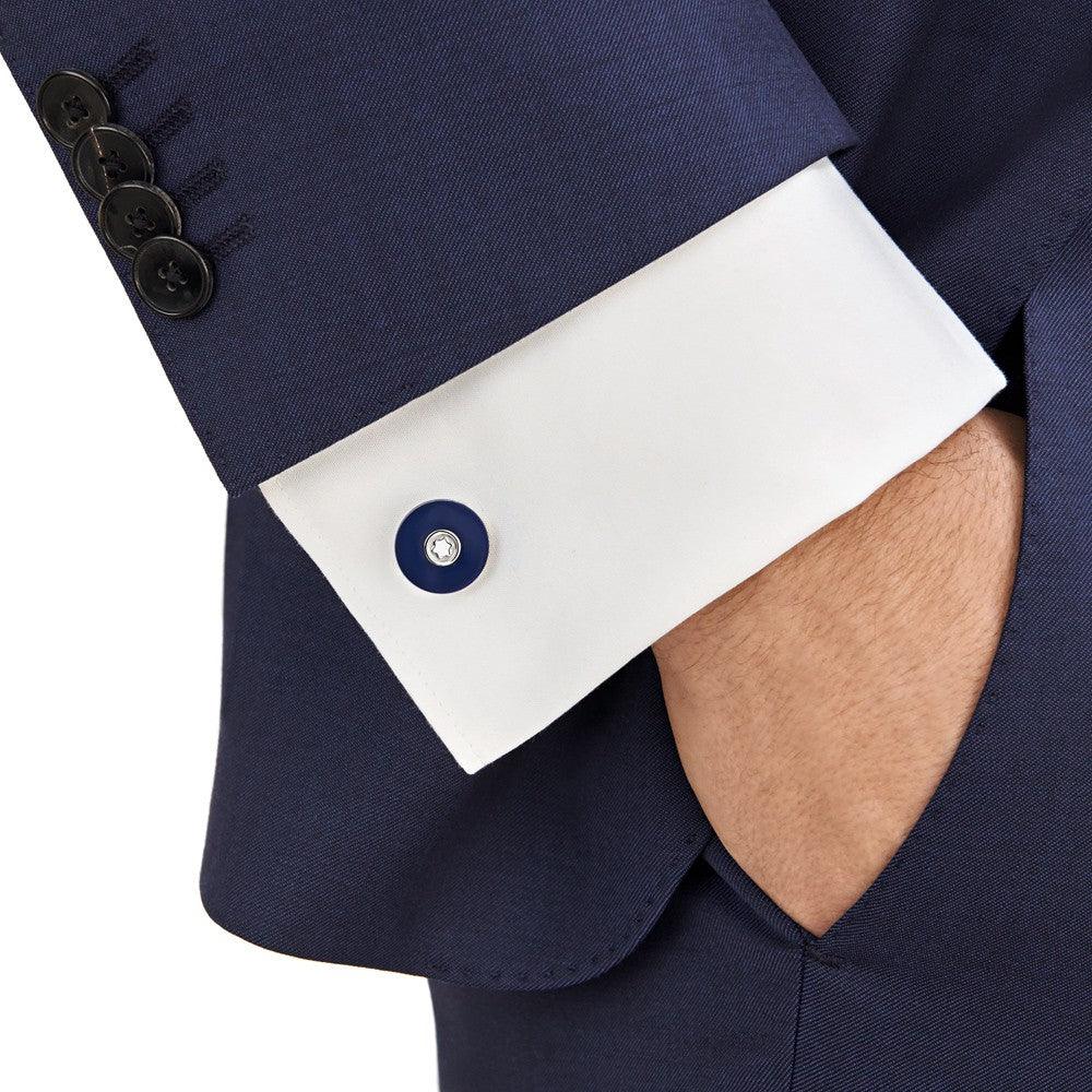 Montblanc round cufflinks in fine steel with blue resin 123812