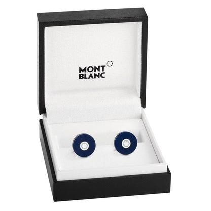 Montblanc round cufflinks in fine steel with blue resin 123812