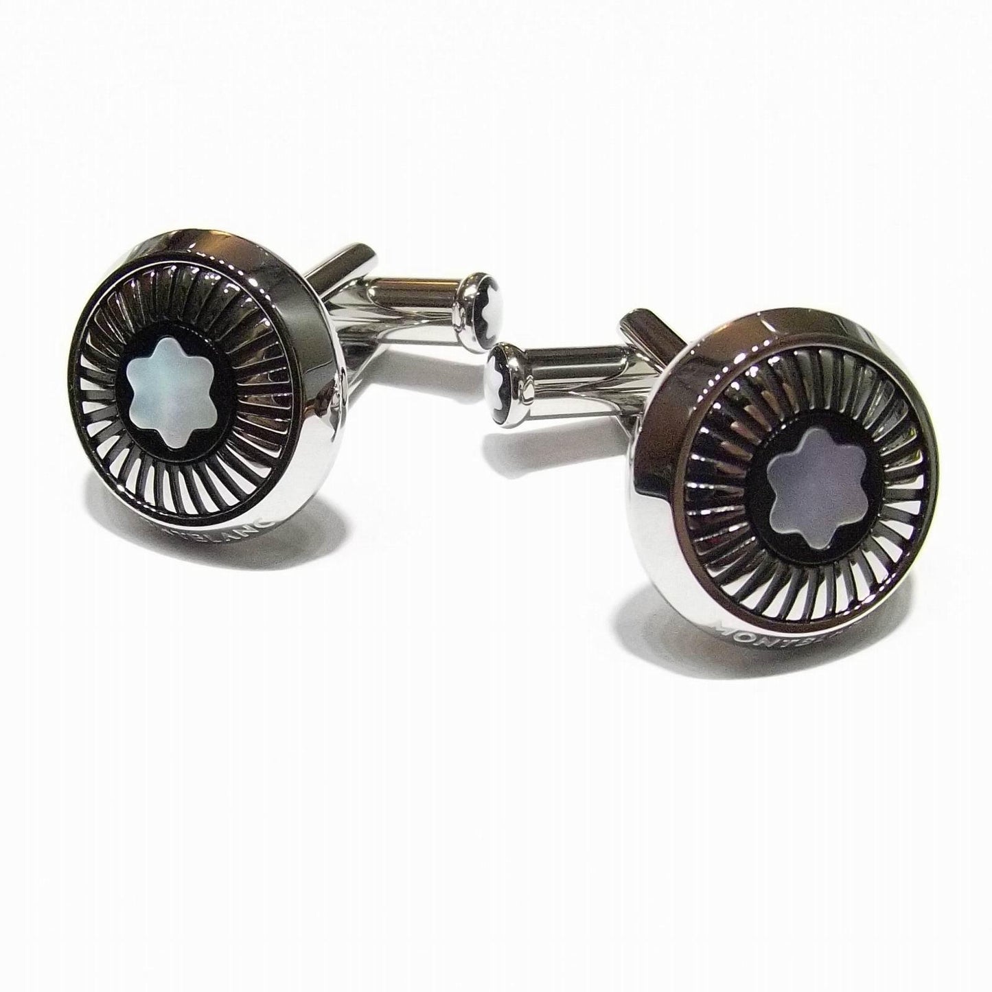 Montblanc Round Steel Cufflinks with Spoked Pattern and Mother-of-Pearl Emblem 123809