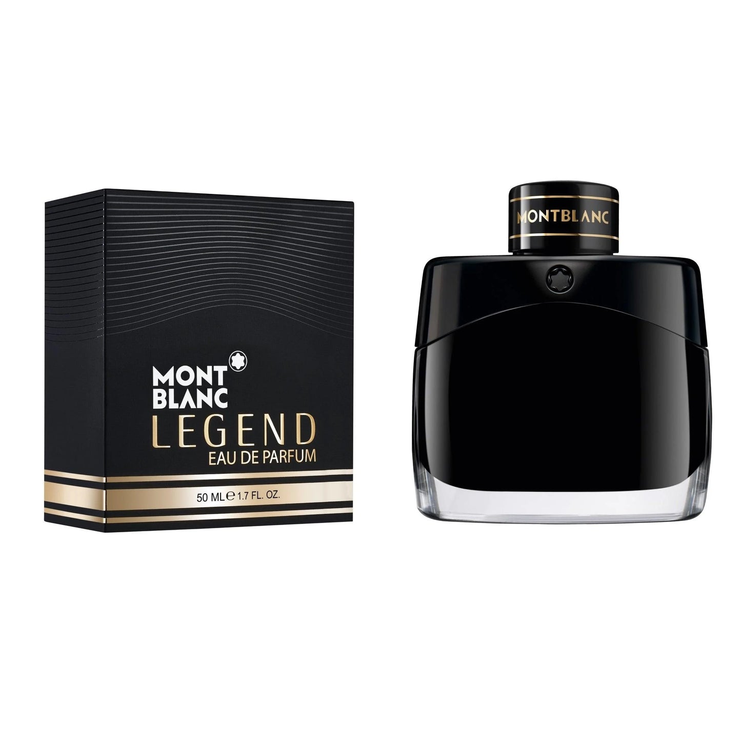 Montblanc Legend Eau de Parfum 50ml bottle in elegant black glass with gold details and matching packaging.