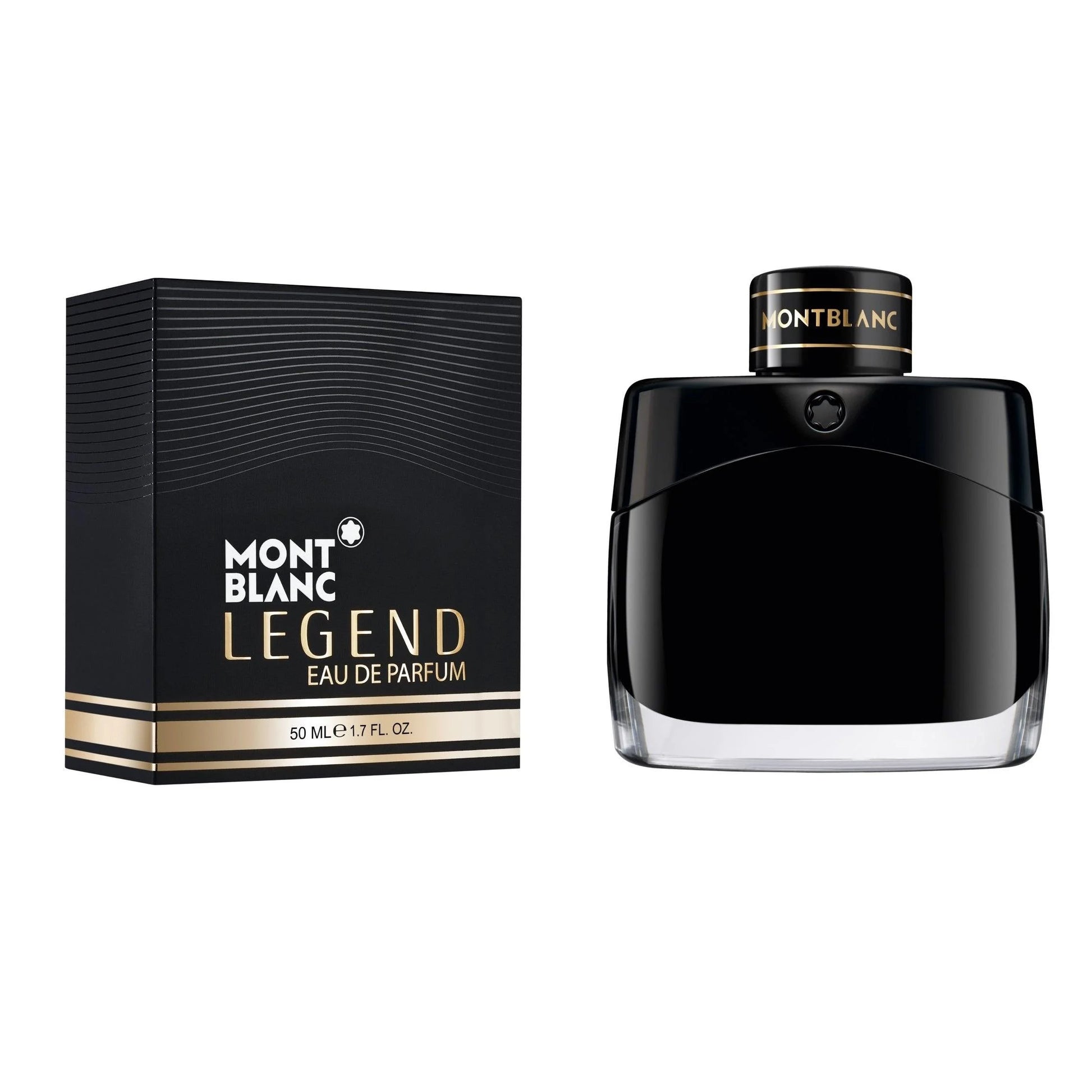 Montblanc Legend Eau de Parfum 50ml bottle in elegant black glass with gold details and matching packaging.