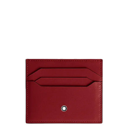Montblanc red leather card holder with six compartments and silver emblem at the bottom center