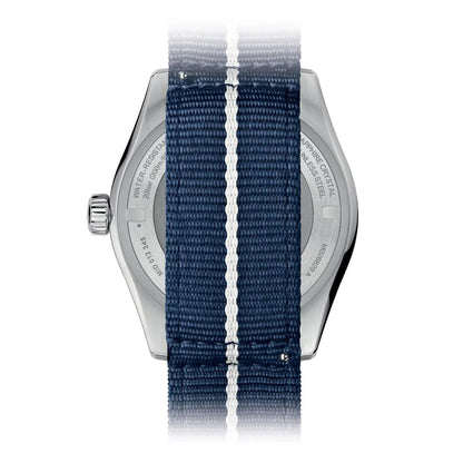 Mido Ocean Star GMT special edition watch with blue nylon strap with white band and steel case