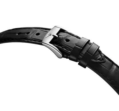 Conquest Heritage Black Crocodile Leather Watch Strap with Polished Silver Buckle Protected by the Swiss Federal Office
