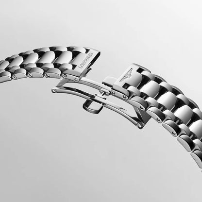 Polished stainless steel bracelet with classic link design and engraved Longines logo for Primaluna watch