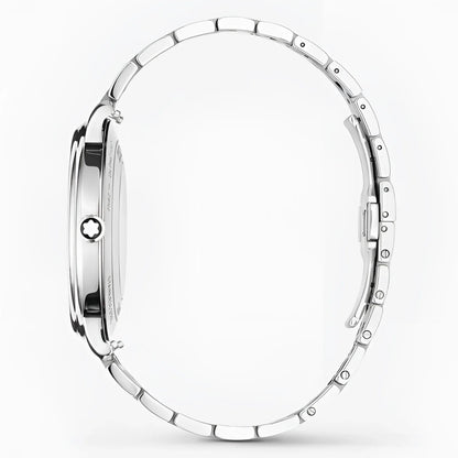 Montblanc tradition automatic with grey interlocking steel strap and polished finish