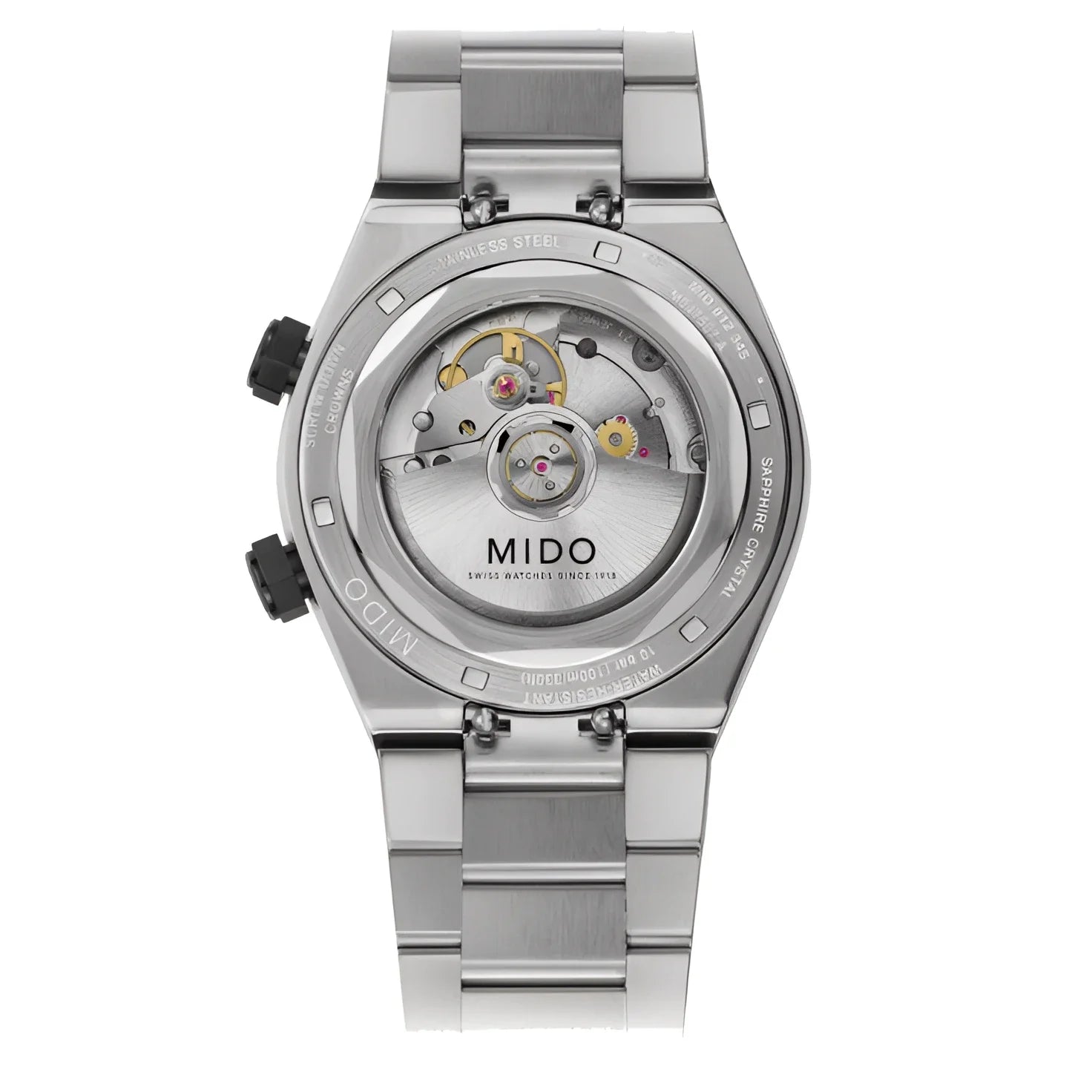 Mido orologio multifort two crowns nero acciaio con cronografo e fondello trasparente che mostra il movimento meccanico