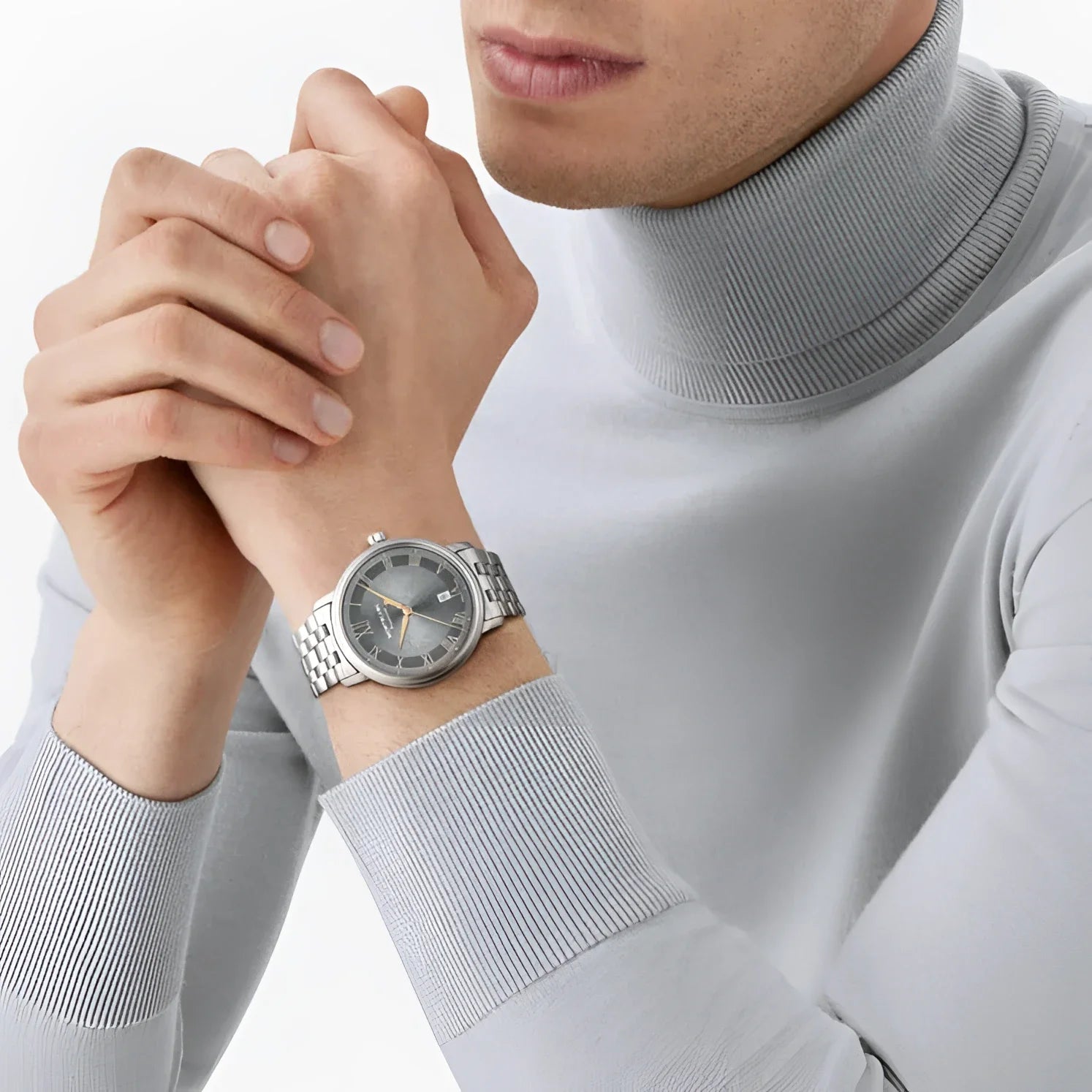 Montblanc tradition automatic 40mm with grey dial, double steel bezel worn on the male wrist