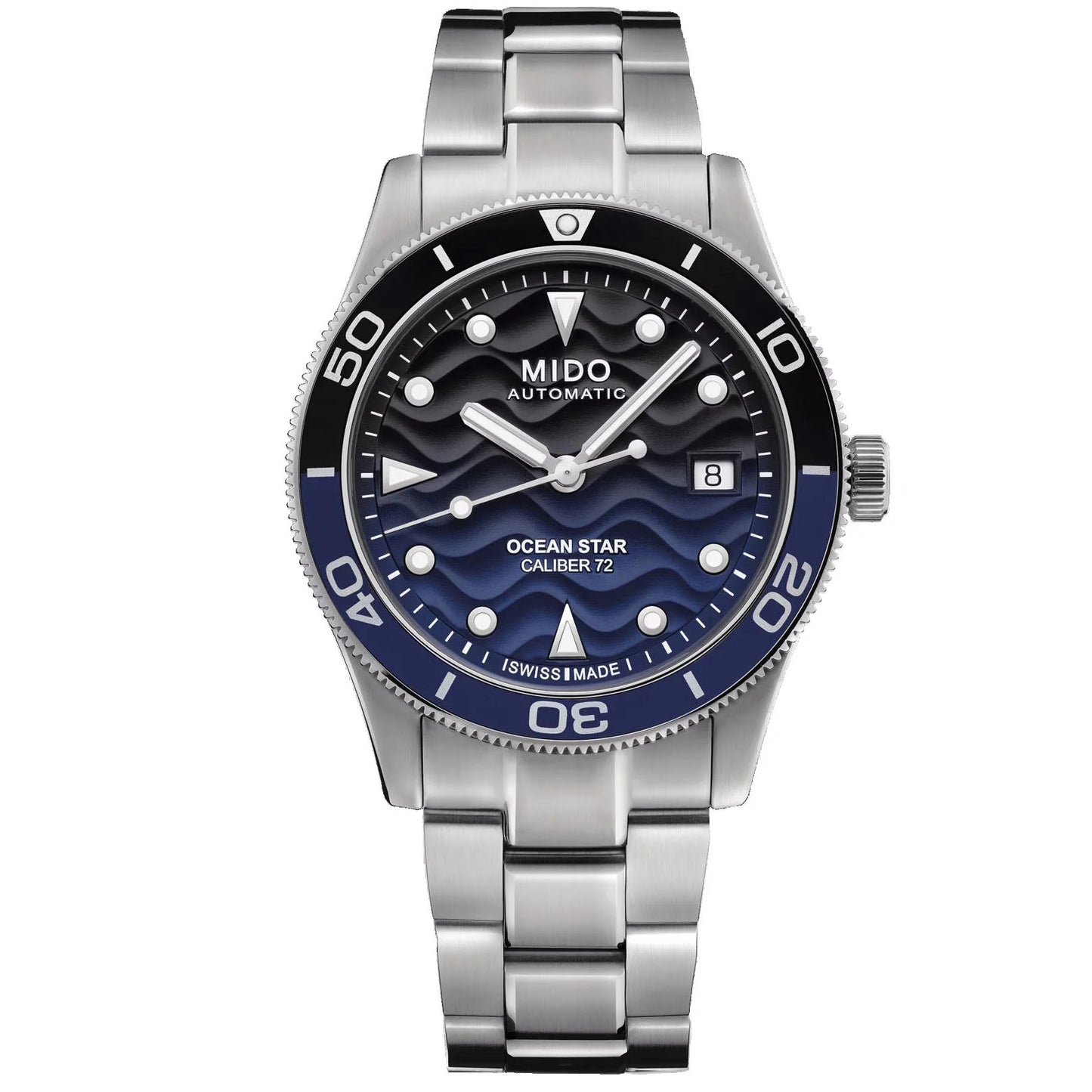 Mido Ocean Star 39mm Blue Automatic Steel Watch with Blue Wave Dial and Elegant Matching Bezel